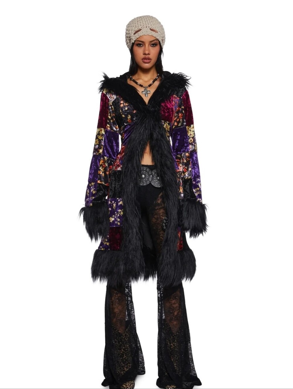 CURRENT MOOD Velvet Patchwork Hooded Coat with Faux Fur Trim Black & Purple Nwt